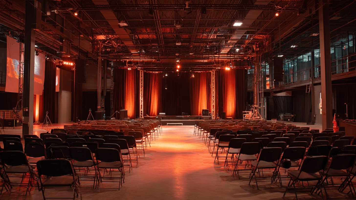Salle culturelle en cours de préparation, révélant la manière dont un espace se transforme selon la programmation.
