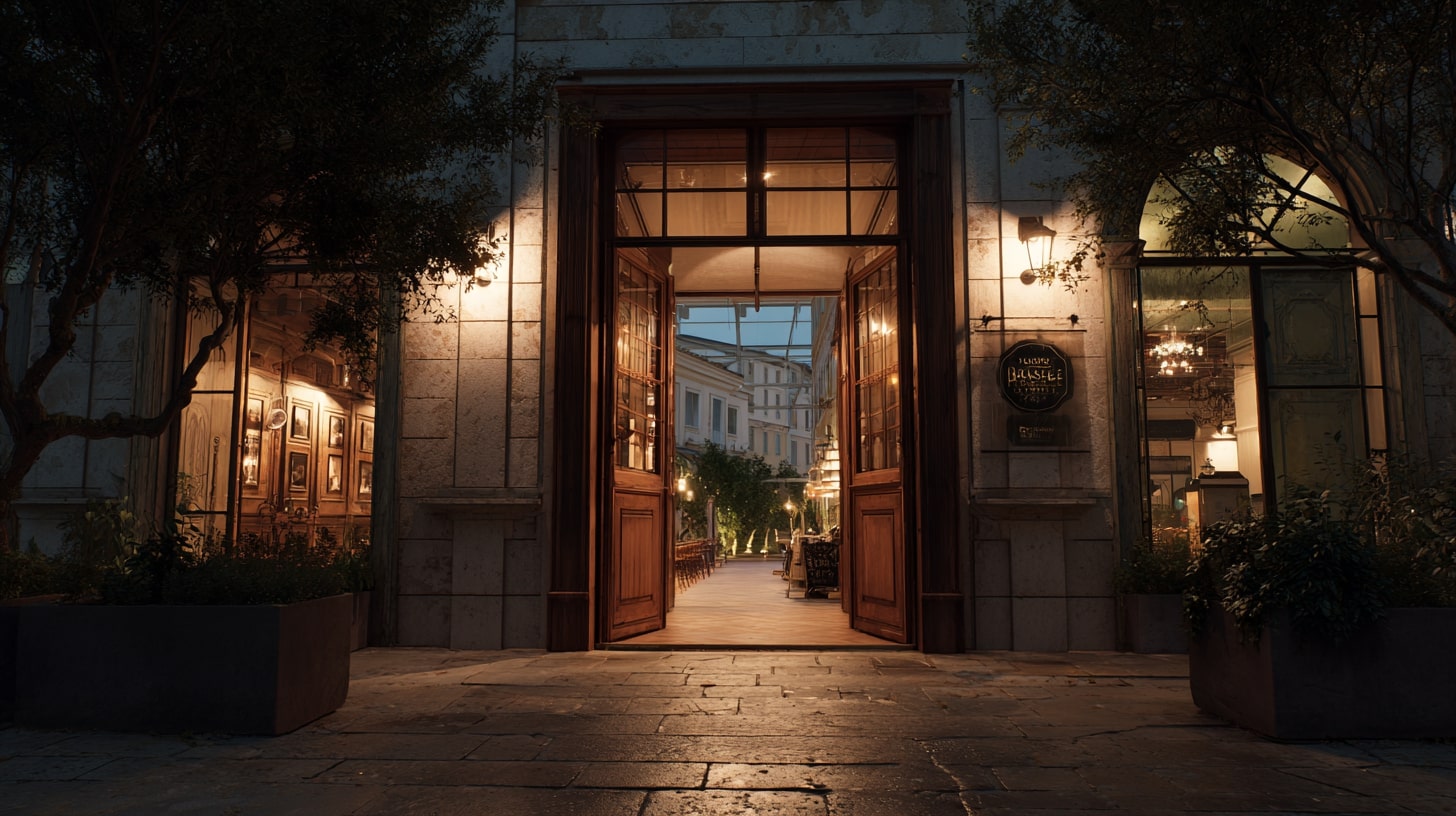 Entrée d’un lieu culturel ouverte en soirée, suggérant l’accueil du public et la vie culturelle locale.